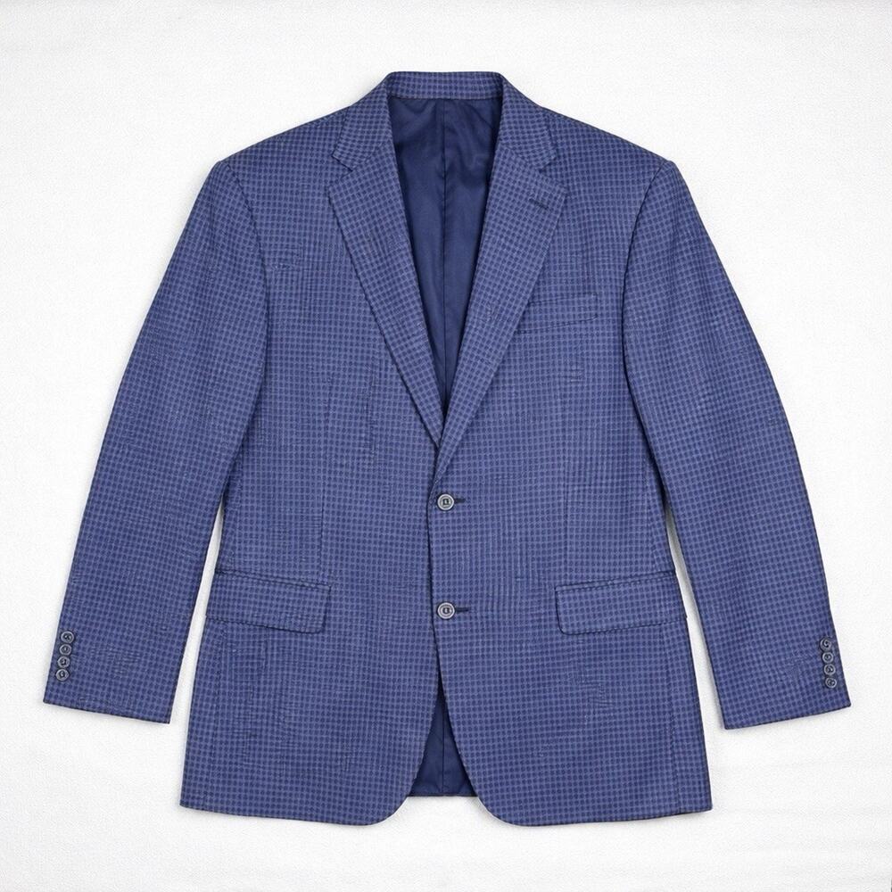 Spurr NY 46L Blue Micro Gingham Check Tailored Wool Blazer Double Vent‎ Modern